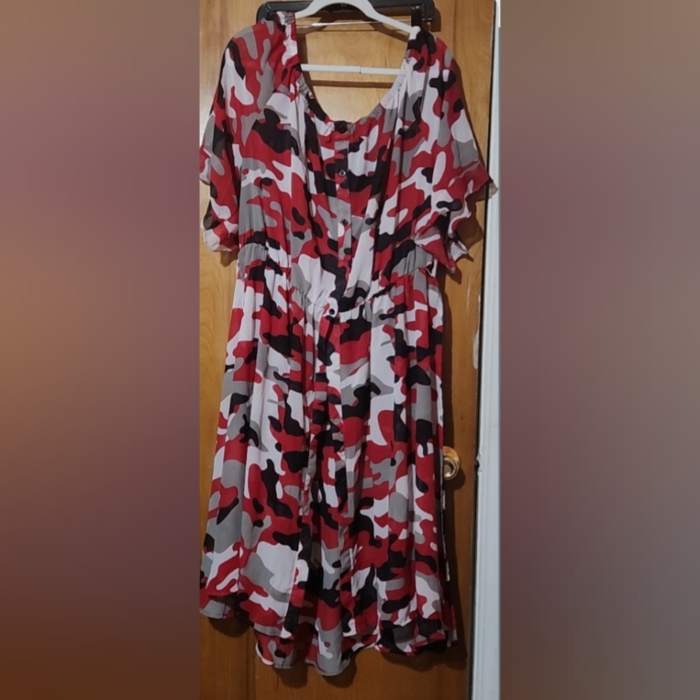 ASHLEY STEWART high  low  Red Camouflage Duster Shirt Dress Off Shoulder  22-24…